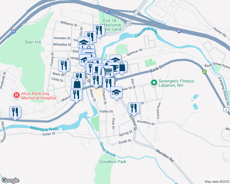 map of restaurants, bars, coffee shops, grocery stores, and more near 14 School Street in Lebanon