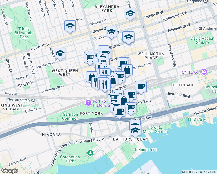 map of restaurants, bars, coffee shops, grocery stores, and more near 576 Front Street West in Toronto