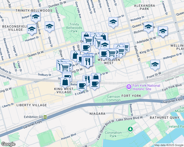 map of restaurants, bars, coffee shops, grocery stores, and more near in Toronto