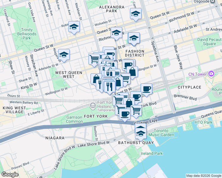map of restaurants, bars, coffee shops, grocery stores, and more near 27 Bathurst Street in Toronto