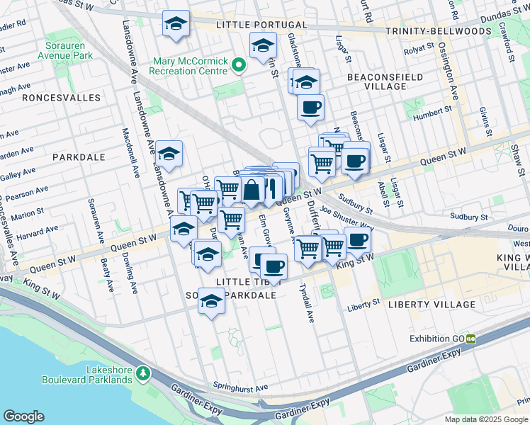 map of restaurants, bars, coffee shops, grocery stores, and more near 1257 Queen Street West in Toronto