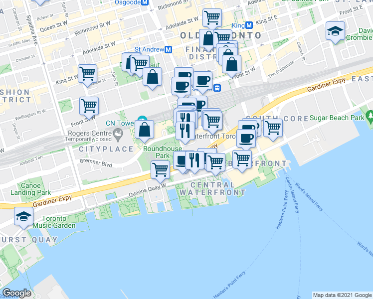 map of restaurants, bars, coffee shops, grocery stores, and more near 25 Lower Simcoe Street in Toronto