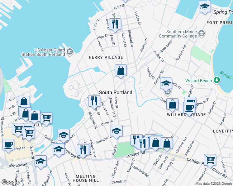 map of restaurants, bars, coffee shops, grocery stores, and more near 202 Pine Street in South Portland
