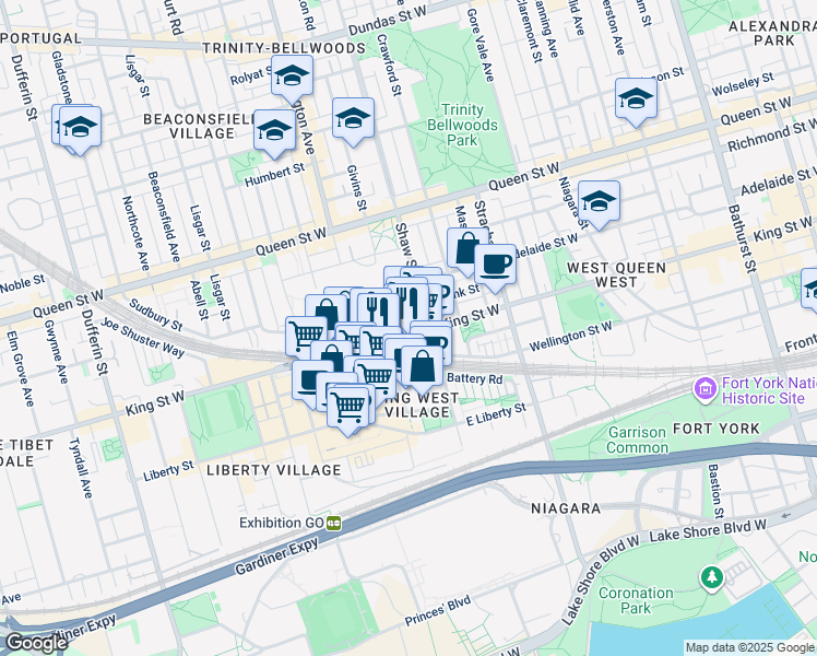 map of restaurants, bars, coffee shops, grocery stores, and more near 1030 King Street West in Toronto
