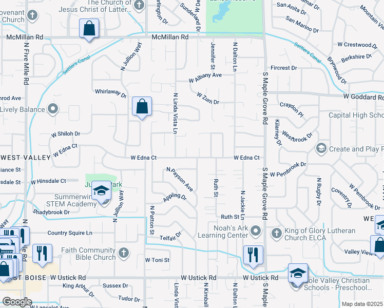map of restaurants, bars, coffee shops, grocery stores, and more near 9474 West Edna Street in Boise