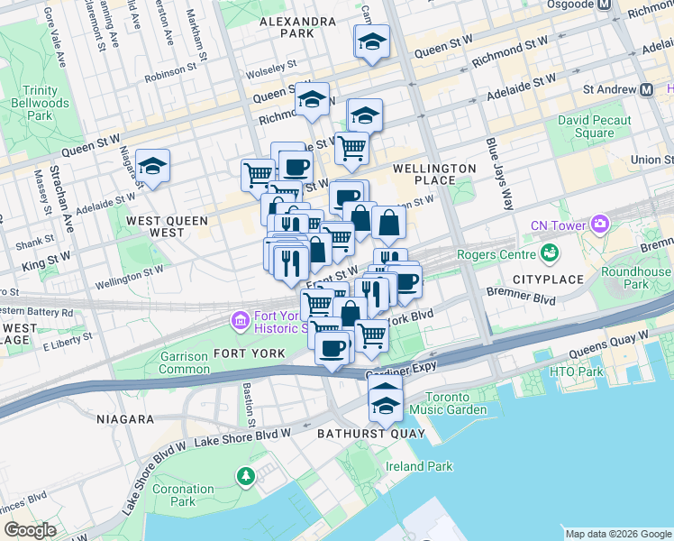 map of restaurants, bars, coffee shops, grocery stores, and more near 550 Front Street West in Toronto