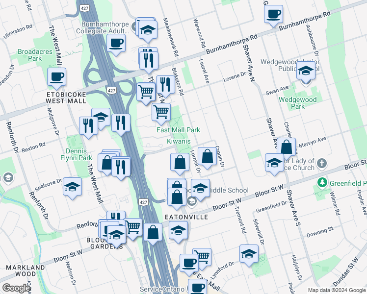 map of restaurants, bars, coffee shops, grocery stores, and more near 355 The East Mall in Toronto