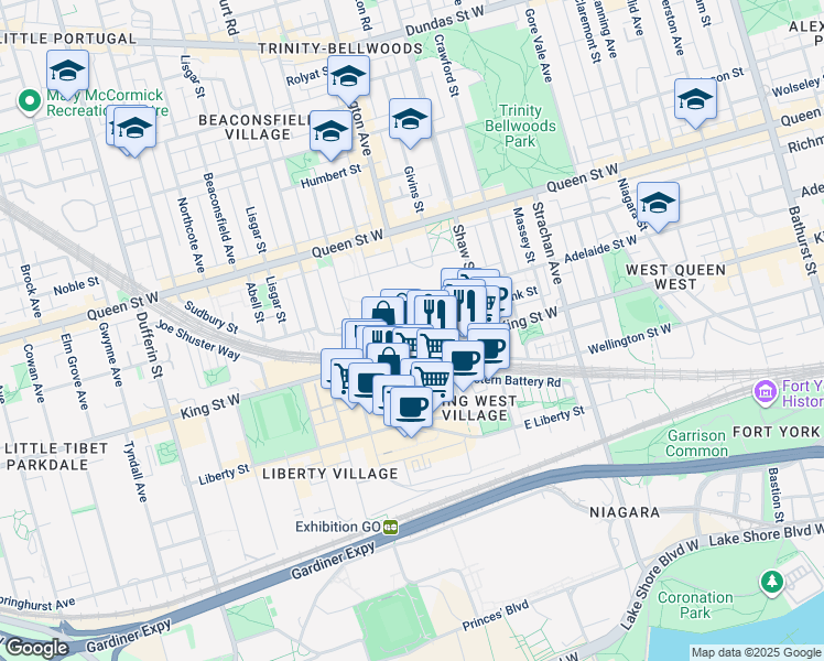 map of restaurants, bars, coffee shops, grocery stores, and more near 12 Sudbury Street in Toronto