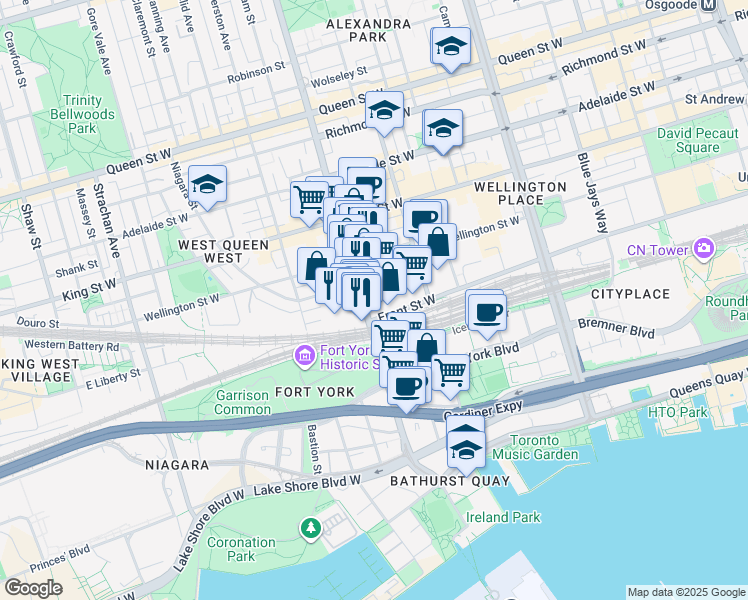 map of restaurants, bars, coffee shops, grocery stores, and more near 580 Front Street West in Toronto