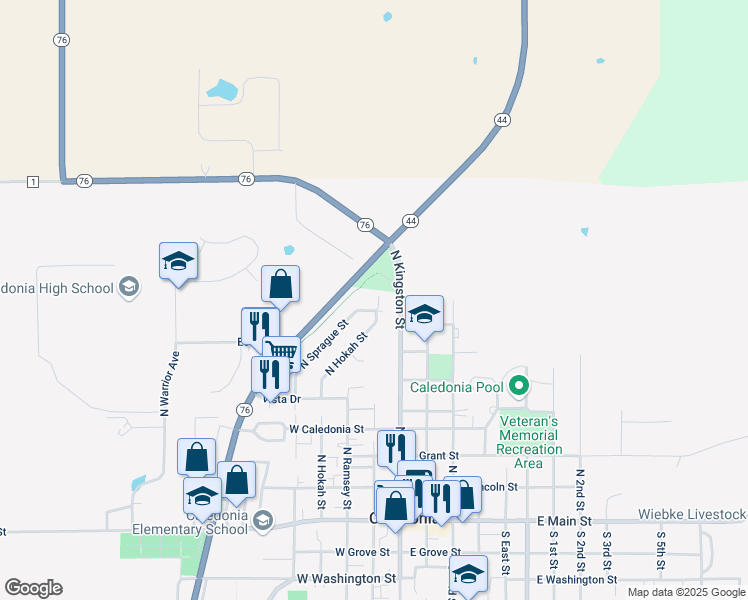 map of restaurants, bars, coffee shops, grocery stores, and more near 803 North Hokah Street in Caledonia