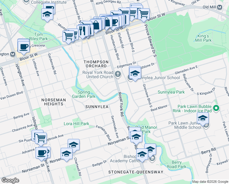 map of restaurants, bars, coffee shops, grocery stores, and more near 142 Thompson Avenue in Toronto