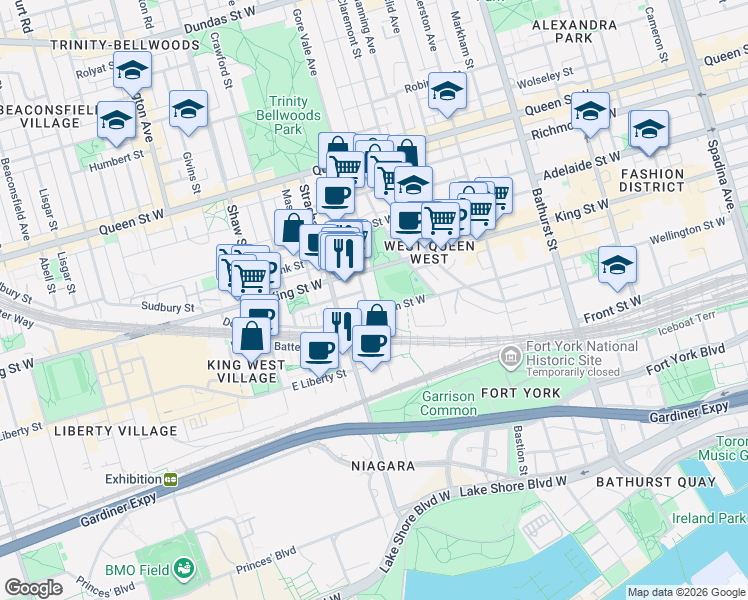 map of restaurants, bars, coffee shops, grocery stores, and more near 15 Stafford Street in Toronto