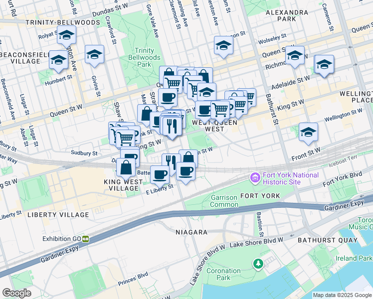 map of restaurants, bars, coffee shops, grocery stores, and more near 15 Stafford Street in Toronto