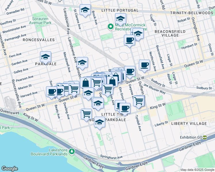 map of restaurants, bars, coffee shops, grocery stores, and more near 220 Cowan Avenue in Toronto