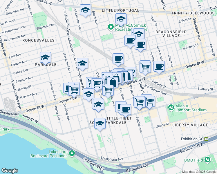 map of restaurants, bars, coffee shops, grocery stores, and more near in Toronto
