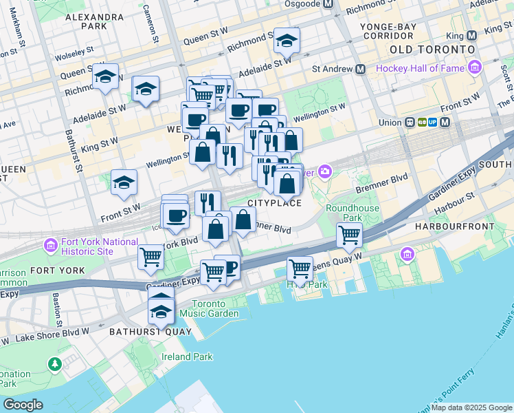 map of restaurants, bars, coffee shops, grocery stores, and more near 23 Navy Wharf Court in Toronto