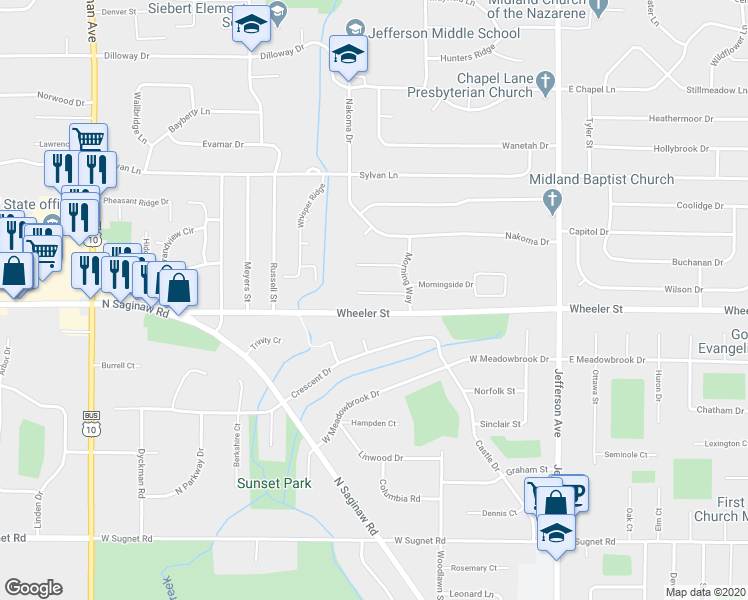 map of restaurants, bars, coffee shops, grocery stores, and more near 709 Shorefront Circle in Midland
