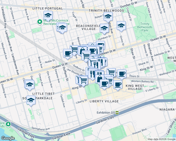 map of restaurants, bars, coffee shops, grocery stores, and more near 98 Sudbury Street in Toronto