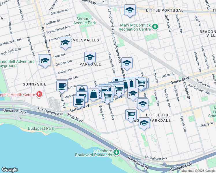 map of restaurants, bars, coffee shops, grocery stores, and more near 40 Fuller Avenue in Toronto
