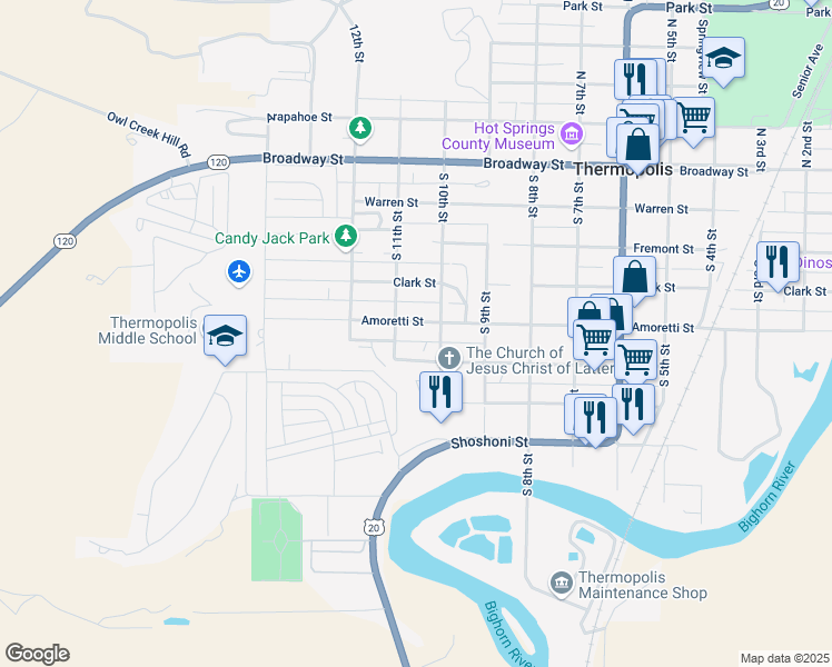 map of restaurants, bars, coffee shops, grocery stores, and more near 551-599 South 11th Street in Thermopolis