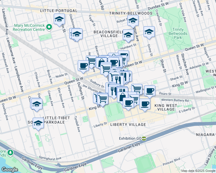 map of restaurants, bars, coffee shops, grocery stores, and more near 150 Sudbury Street in Toronto