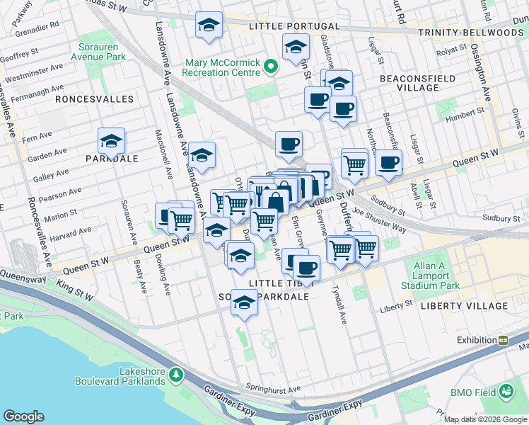 map of restaurants, bars, coffee shops, grocery stores, and more near 1376 Queen Street West in Toronto