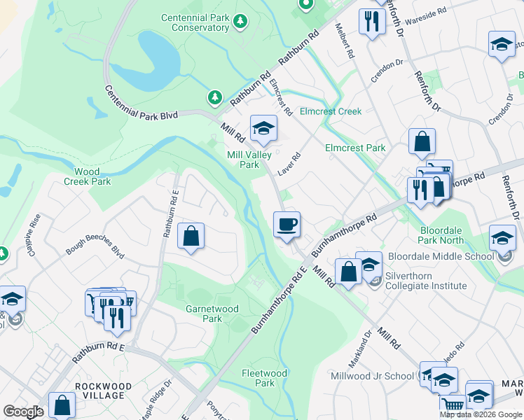 map of restaurants, bars, coffee shops, grocery stores, and more near 12 Redstone Path in Toronto