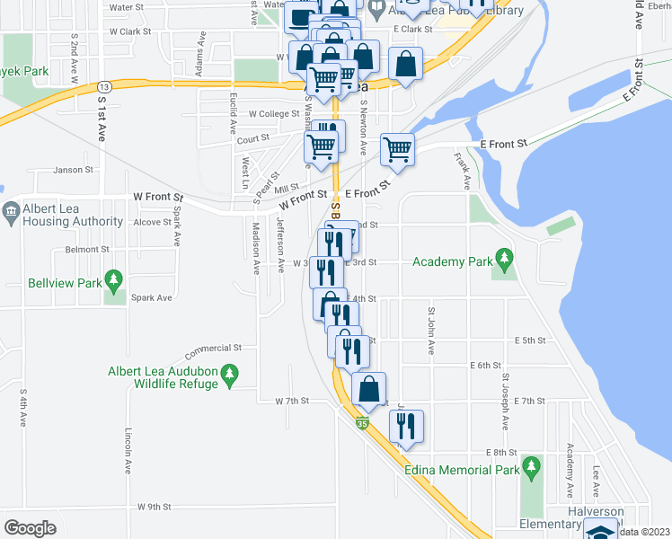 map of restaurants, bars, coffee shops, grocery stores, and more near 918 South Broadway Avenue in Albert Lea