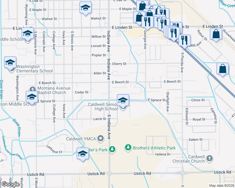 map of restaurants, bars, coffee shops, grocery stores, and more near 3221 South Indiana Avenue in Caldwell