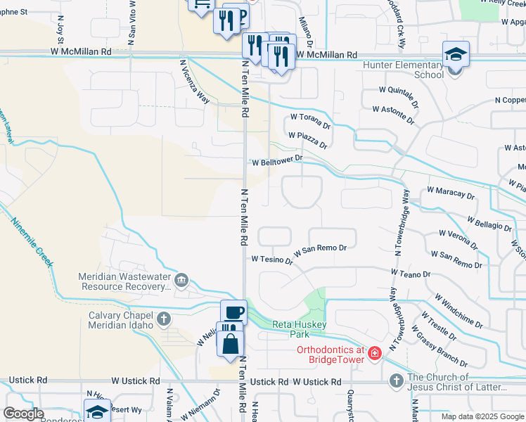 map of restaurants, bars, coffee shops, grocery stores, and more near 3088 West Tenuta Street in Meridian