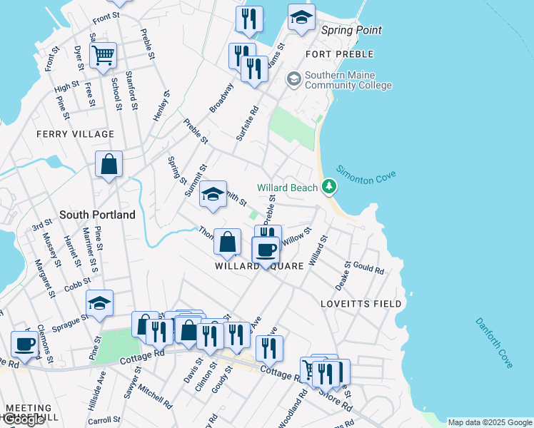 map of restaurants, bars, coffee shops, grocery stores, and more near 22 Fern Lane in South Portland