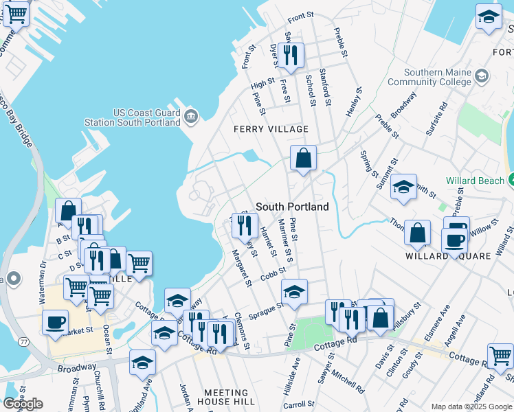 map of restaurants, bars, coffee shops, grocery stores, and more near 123 Harriet Street in South Portland