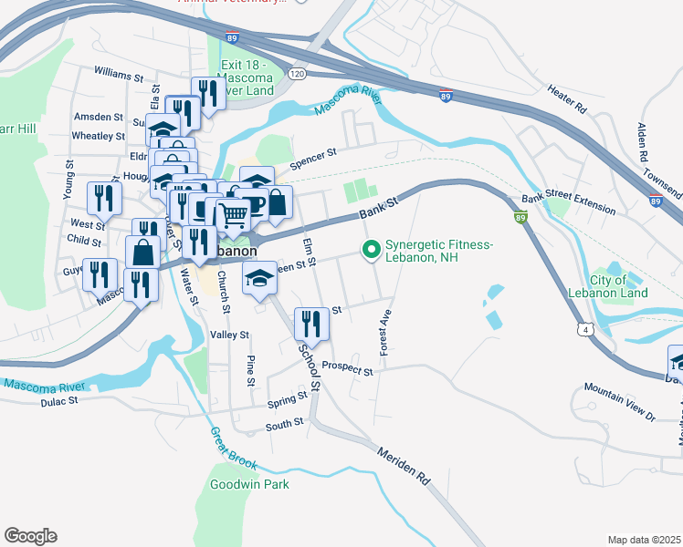 map of restaurants, bars, coffee shops, grocery stores, and more near 15 Union Street in Lebanon