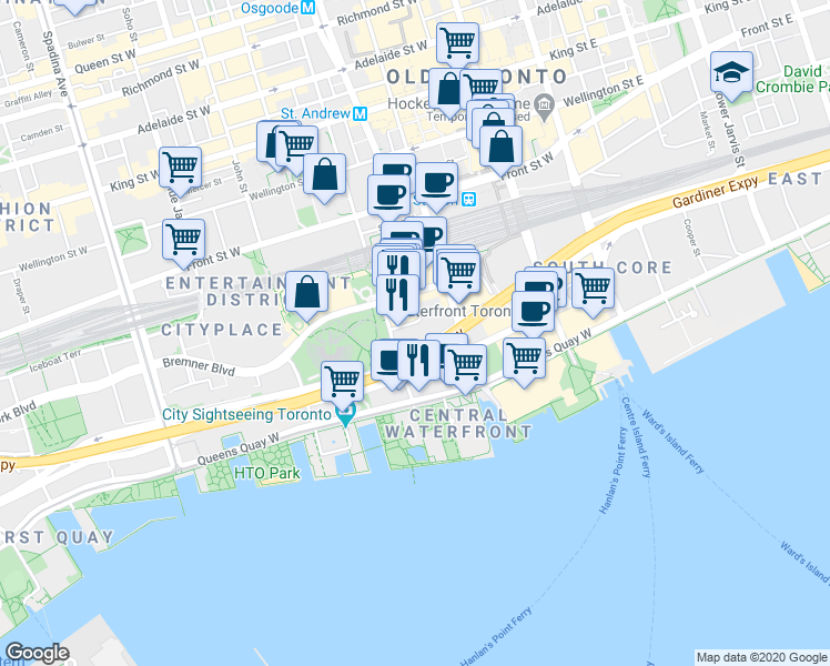 map of restaurants, bars, coffee shops, grocery stores, and more near in Toronto