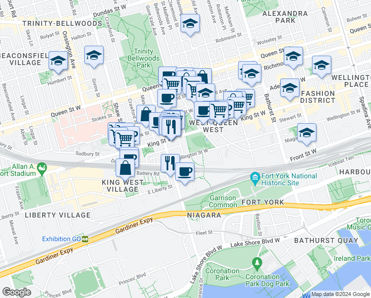 map of restaurants, bars, coffee shops, grocery stores, and more near in Toronto