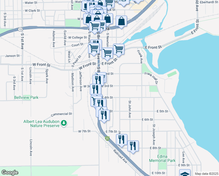map of restaurants, bars, coffee shops, grocery stores, and more near 922 South Newton Avenue in Albert Lea