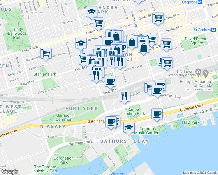 map of restaurants, bars, coffee shops, grocery stores, and more near 560 Front Street West in Toronto