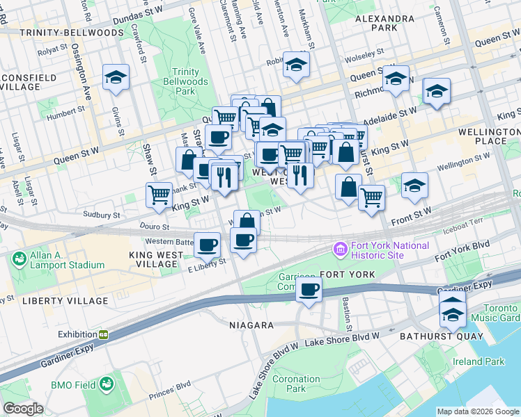 map of restaurants, bars, coffee shops, grocery stores, and more near 700 Wellington Street West in Toronto