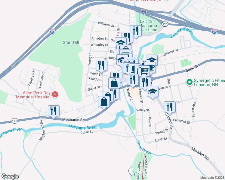 map of restaurants, bars, coffee shops, grocery stores, and more near 40 Mascoma Street in Lebanon