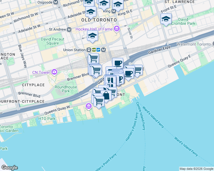 map of restaurants, bars, coffee shops, grocery stores, and more near Harbour Street in Toronto