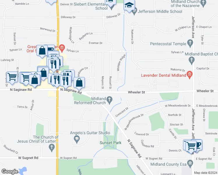 map of restaurants, bars, coffee shops, grocery stores, and more near 4803 Russell Street in Midland