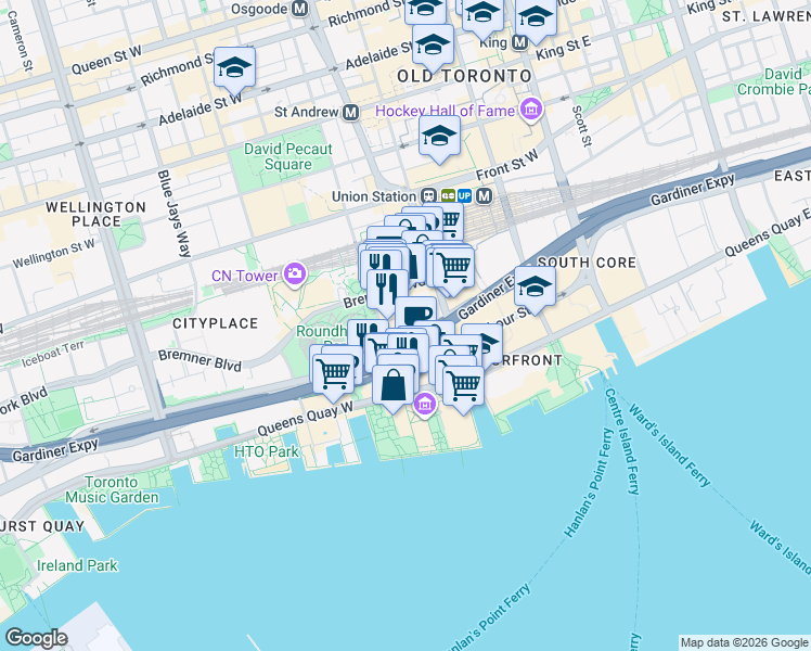 map of restaurants, bars, coffee shops, grocery stores, and more near 19 Grand Trunk Crescent in Toronto
