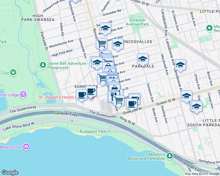 map of restaurants, bars, coffee shops, grocery stores, and more near Roncesvalles Avenue in Toronto