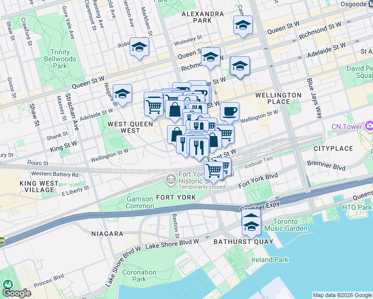map of restaurants, bars, coffee shops, grocery stores, and more near 79 Niagara Street in Toronto