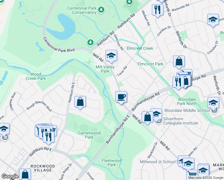 map of restaurants, bars, coffee shops, grocery stores, and more near in Toronto