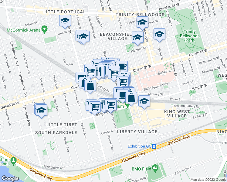 map of restaurants, bars, coffee shops, grocery stores, and more near 15 Machells Avenue in Toronto