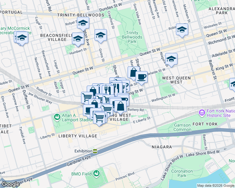 map of restaurants, bars, coffee shops, grocery stores, and more near 1028 King Street West in Toronto