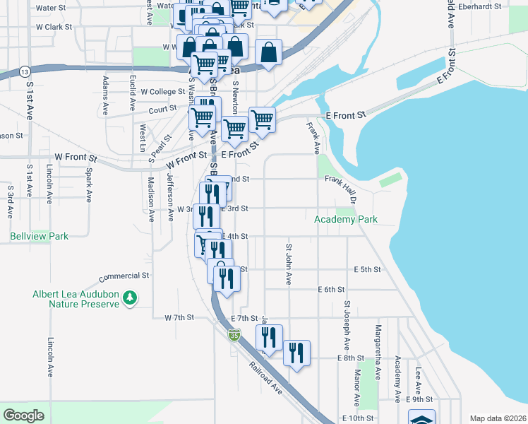 map of restaurants, bars, coffee shops, grocery stores, and more near 914 James Avenue in Albert Lea