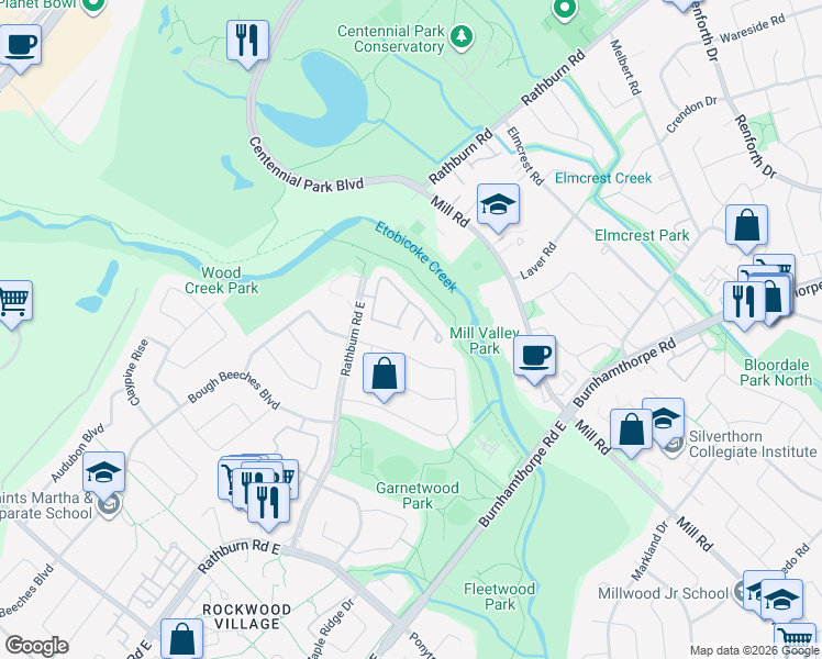 map of restaurants, bars, coffee shops, grocery stores, and more near 2120 Rathburn Road East in Mississauga