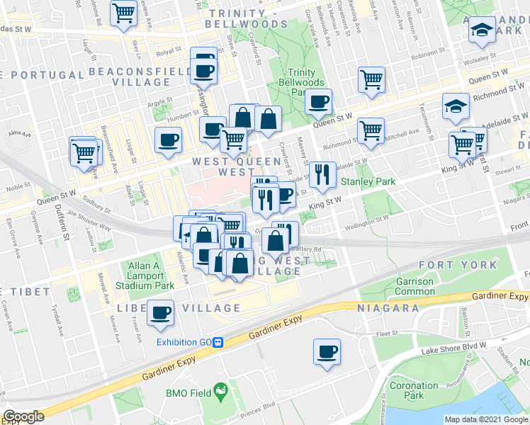 map of restaurants, bars, coffee shops, grocery stores, and more near 1030 King Street West in Toronto